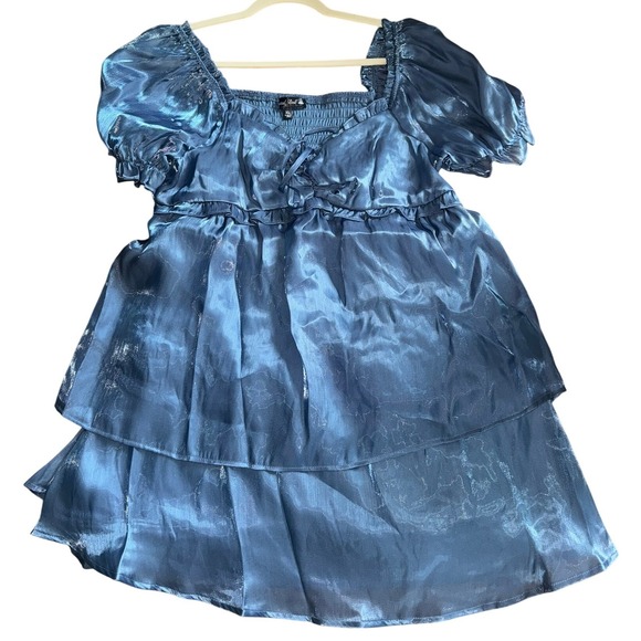 Francescas Dresses & Skirts - Francescas Metallic Blue Tiered Mini Dress Smocked Puff Sleeve New NWT